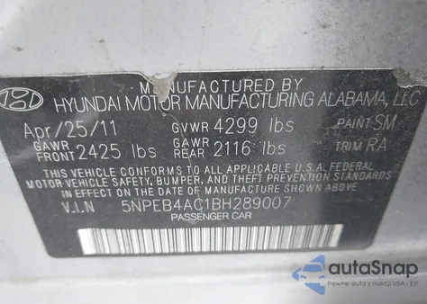 2011 Hyundai Sonata Gls from USA, damaged, VIN 5NPEB4AC1BH289007